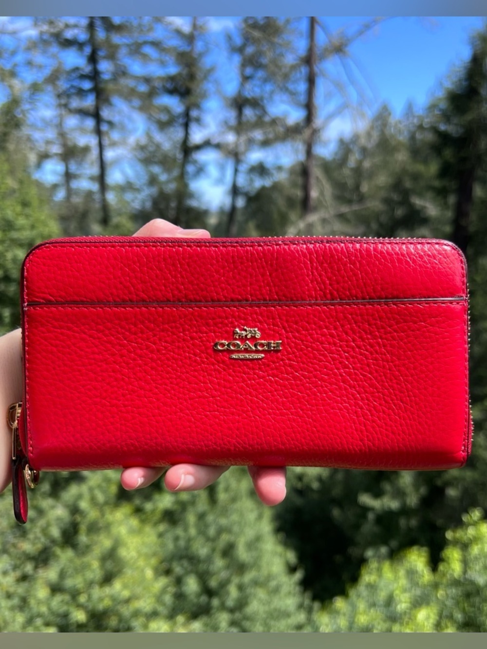 COACH Leather Wallet Long Zip-Around w Strap RED w Gold Hardware AUTHENTIC